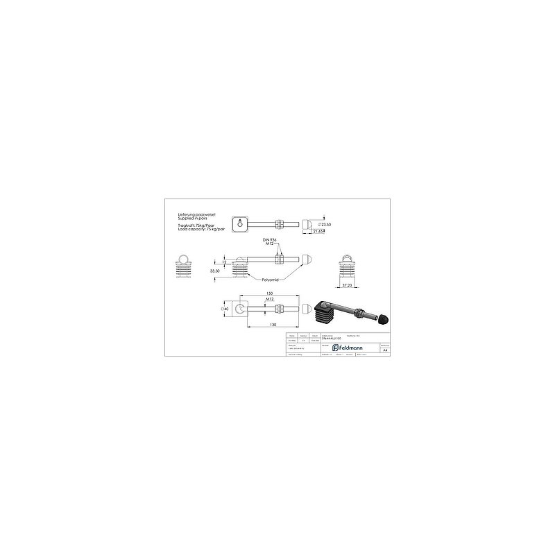Bande de porte M12 d'une longueur de 150mm pour tube 40 x 40mm avec capuchons en polyamide