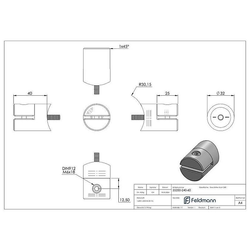 Blechhalter, Ø 32mm, Anschluss: 60,3mm, V2A