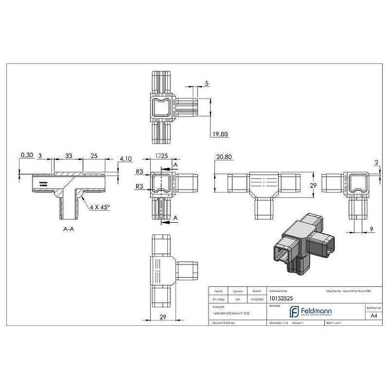 Raccord en T avec 4 sorties égales pour tube 25x25x2,0mm, V4A
