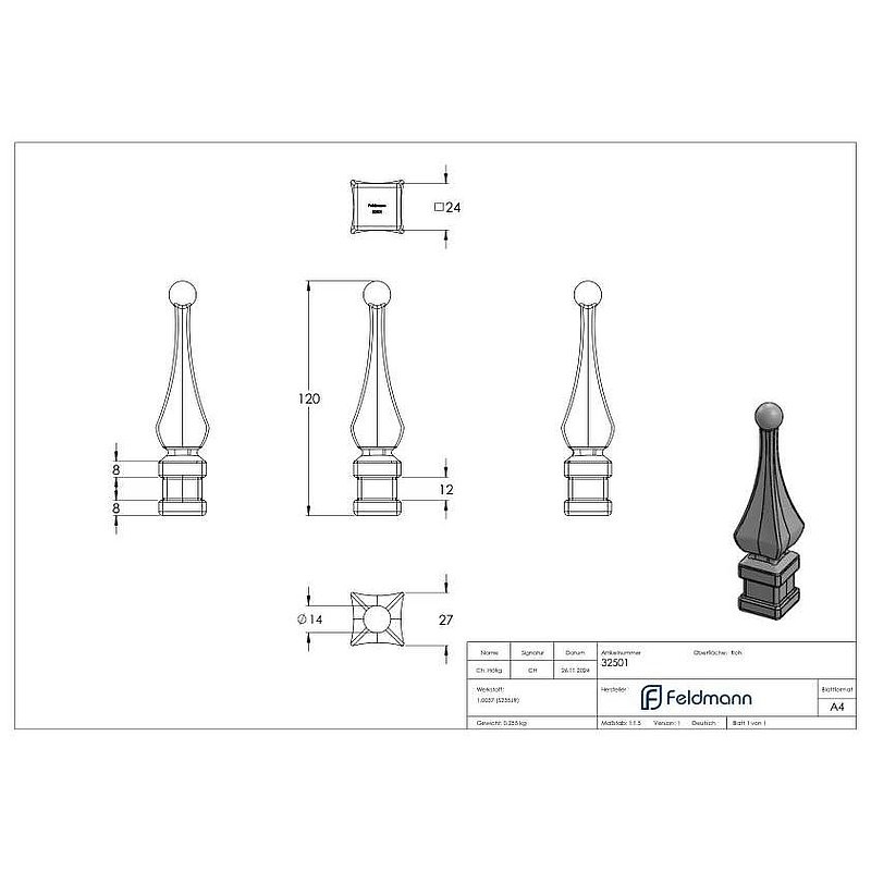 Zaunspitze, Ansatz 24x24mm, H: 120mm