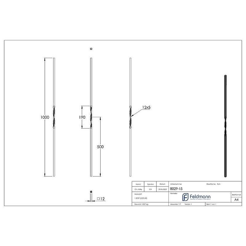 Zierstab 12x12mm, glatt, H: 1000mm