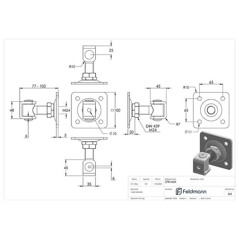 Paumelle de porte M24 avec plaque réglable, électro-zinguée