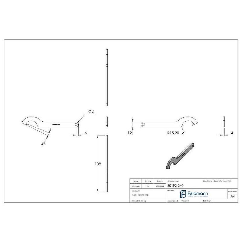 Open-end spanner for point glass holder 30mm, AISI304