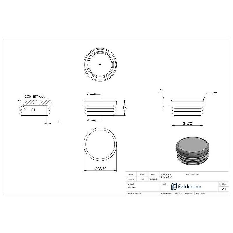 Kunststoffkappe für Rundrohr 33,7mm, RAL 7016