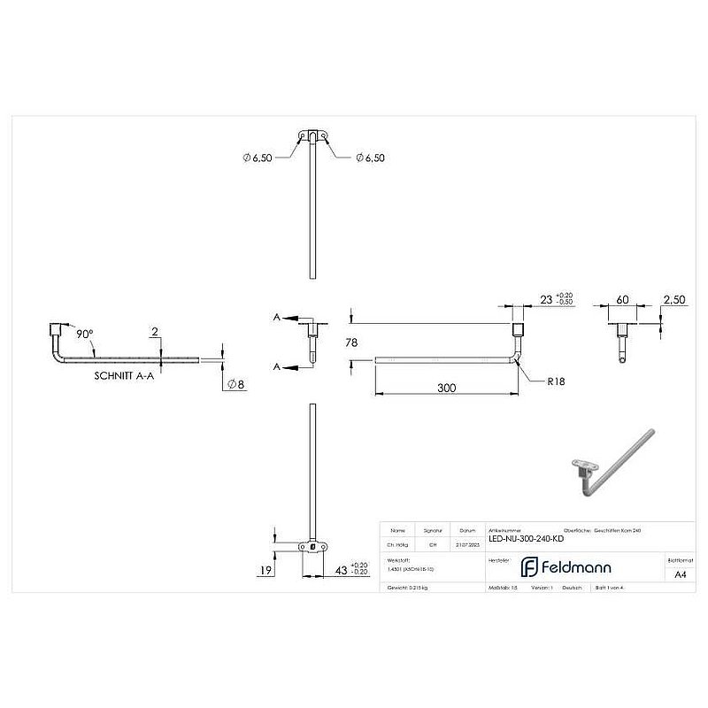 LED-Anschlussplatte mit Stift 300mm, V2A