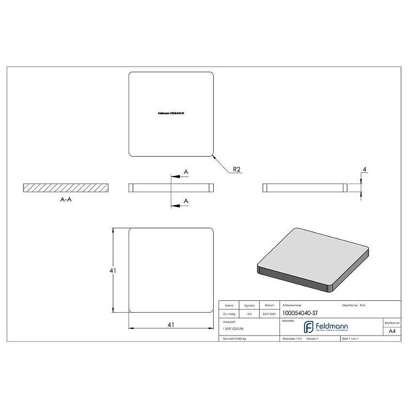 Flachkappe für QR 40 x 40mm t= 4,0mm, Stahl roh