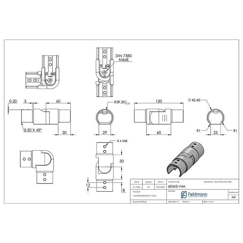Flexible connector for grooved tube 42.4 mm, AISI316