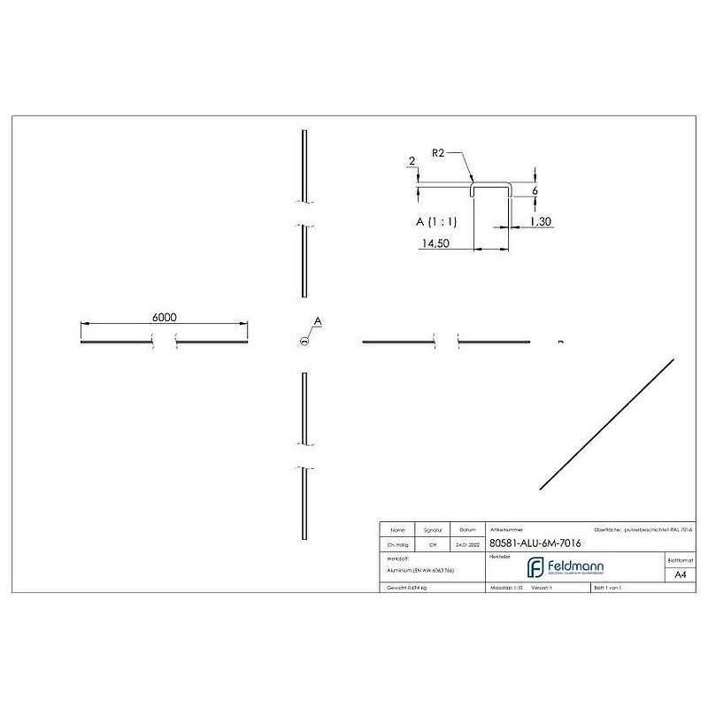 Main courante EXTRA SLIM, pour verre 12,00 - 13,52mm, L: 6000mm, aluminium RAL 7016