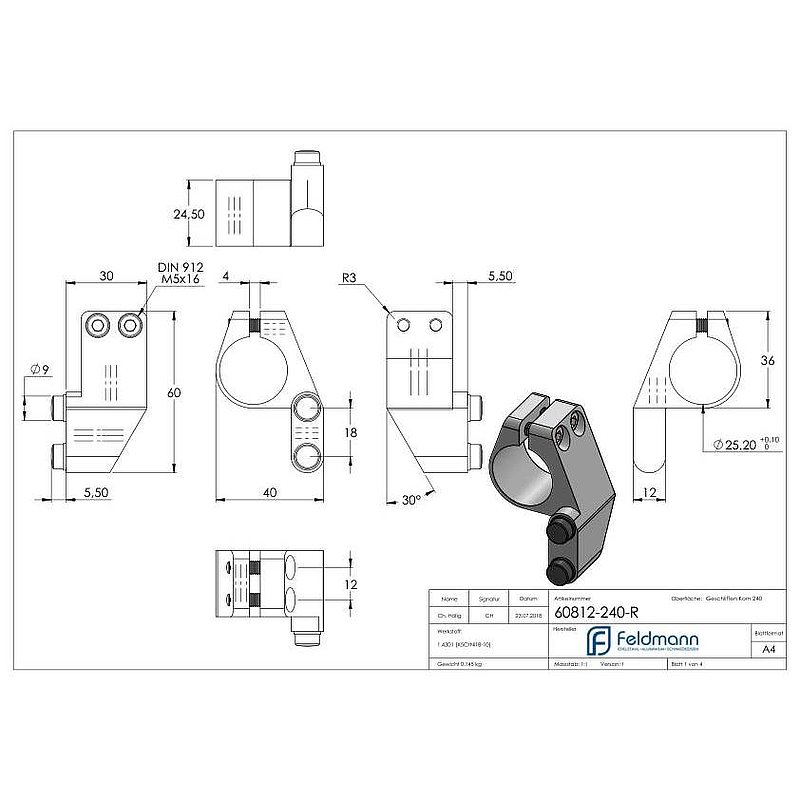 Stopper right for single roller carriages, AISI304