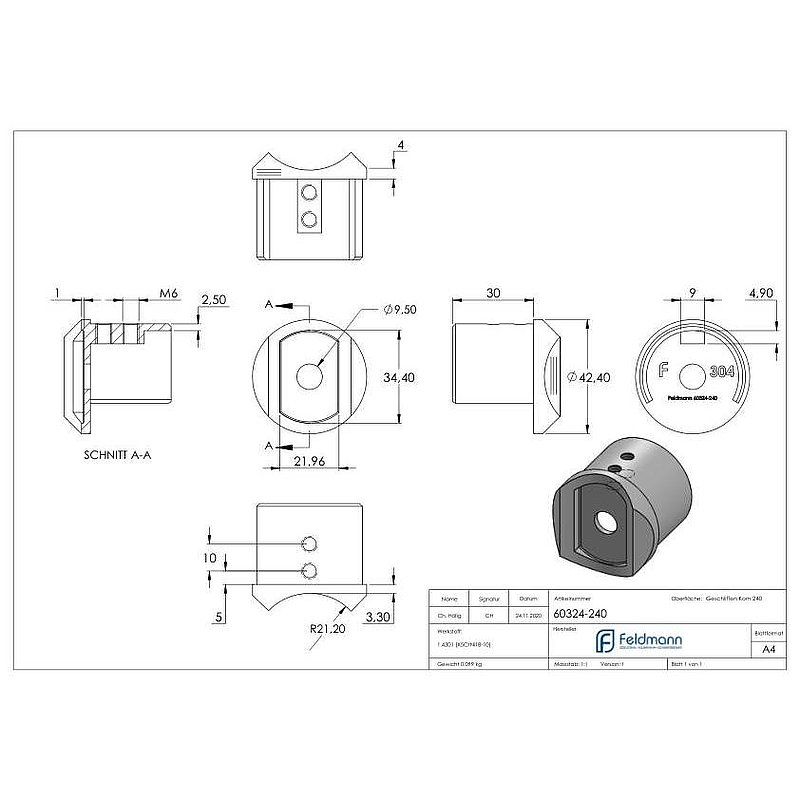 Adapter für Nutrohr-Anschluss 42,4mm, V2A