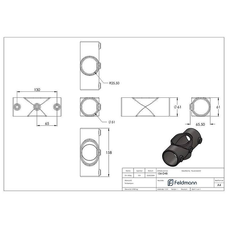 Cross piece, angled, variable, for pipe Ø 48.3 mm