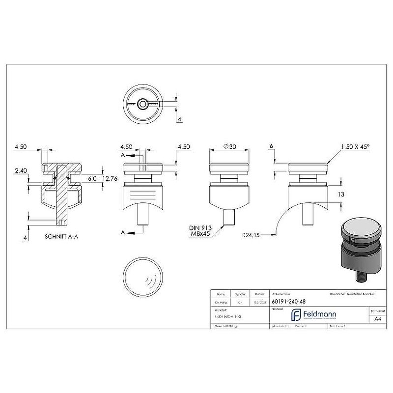 Glaspunkthalter 30mm, Anschluss: 48,3mm, V2A