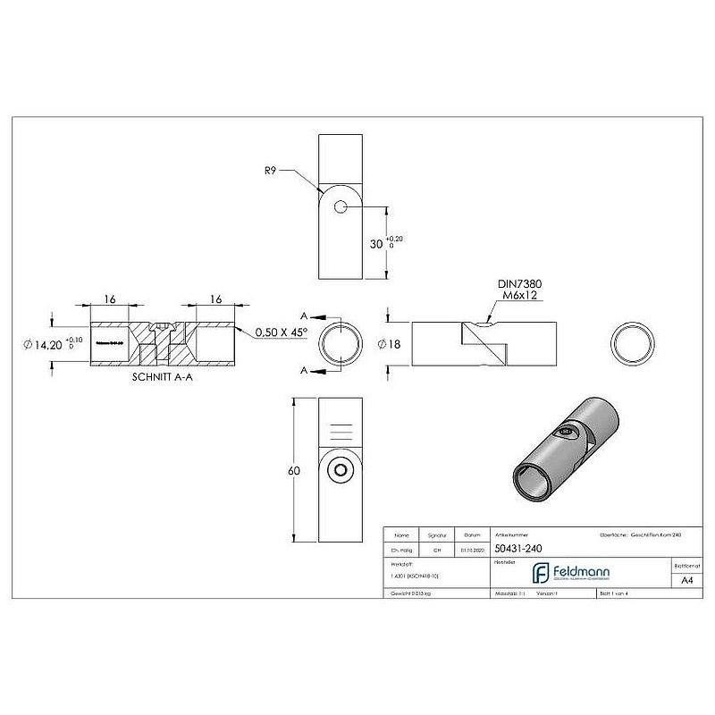 Rundstabverbinder mit Gelenk Ø 14mm, V2A