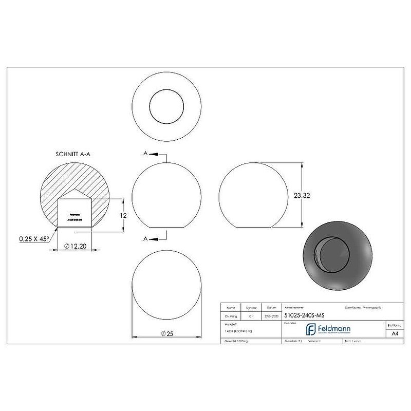 Brass ball Ø 25mm with blind hole 12.2mm