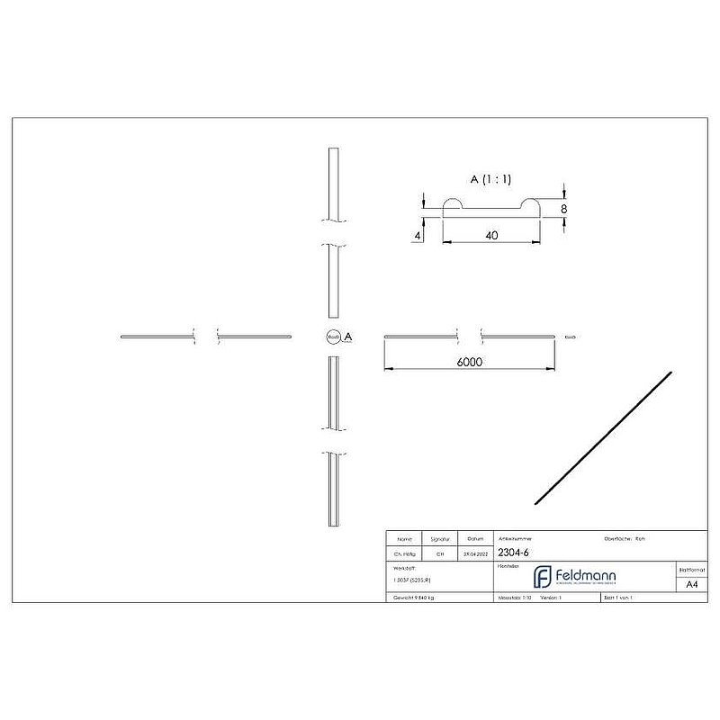 Hespeneisen S235JR, 40x8x4mm, L: 6000mm
