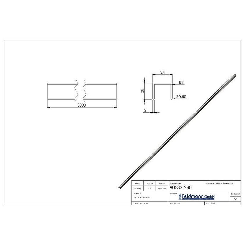 Edelstahl-U-Profil, 24x20x2mm, L: 3000mm, V2A