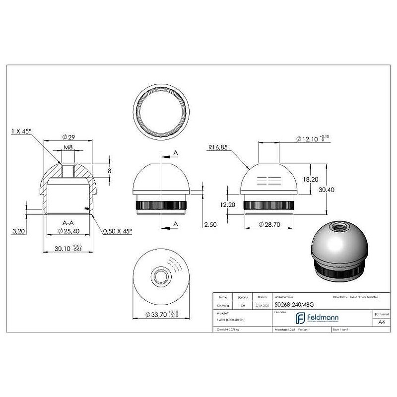 Rohrabschlussstopfen mit M8, für Rohr 33,7x2,0mm, V2A