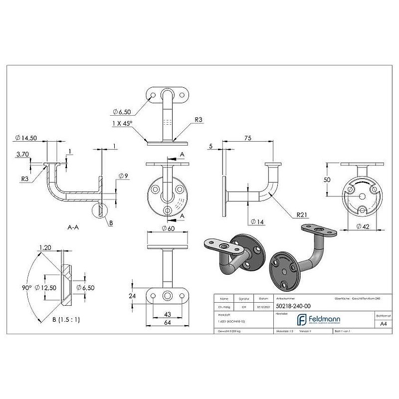 Handlaufhalter mit Kabeldurchführung für LED Handläufe, V2A