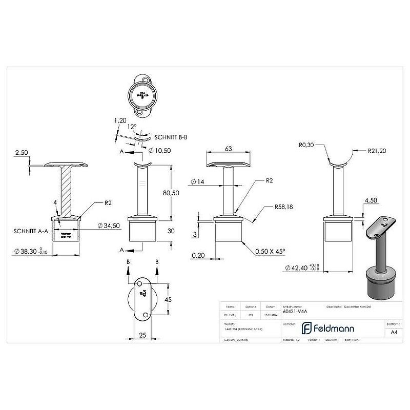 Rohrabschlussstopfen für Rohr 42,4x2,0mm, Handlaufanschlussplatte: 42,4mm, V4A