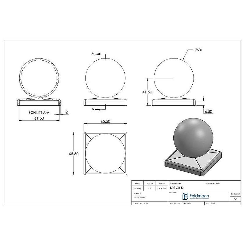 Pfeilerbedecker 60x60mm mit Hohlkugel Ø 60mm