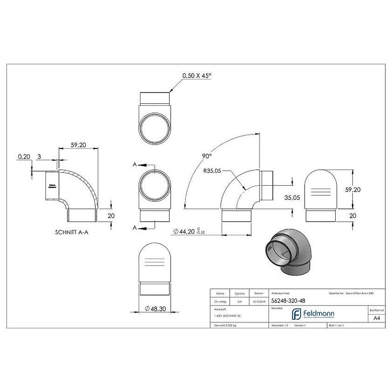 Tube coudé à 90° étroit, pour tube Ø 48,3x2,0mm, V2A
