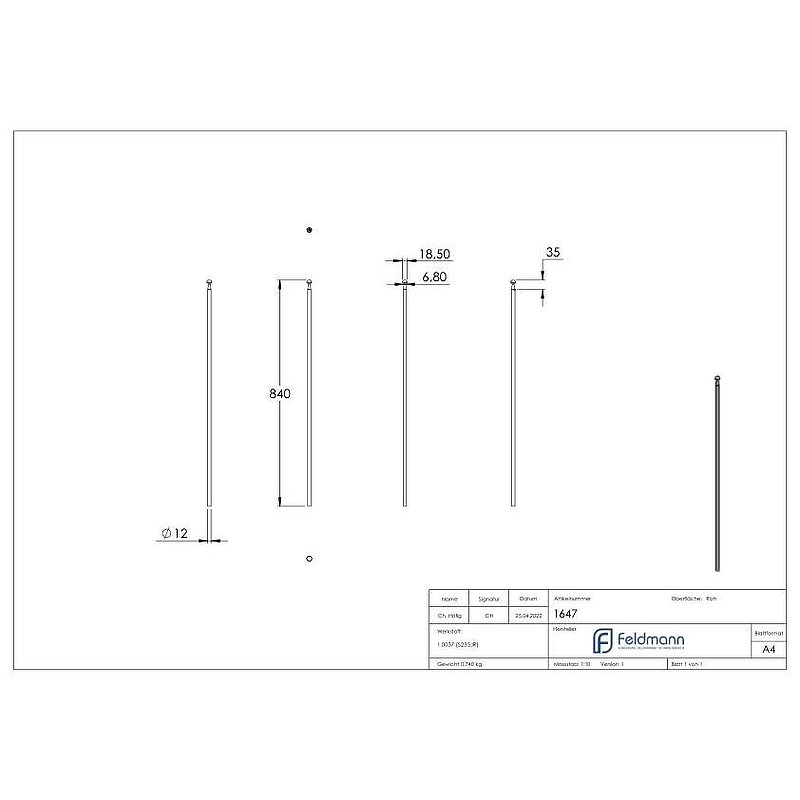 Barre de clôture Ø12mm, H : 840mm, bout conique et ornement semi-ciculaire