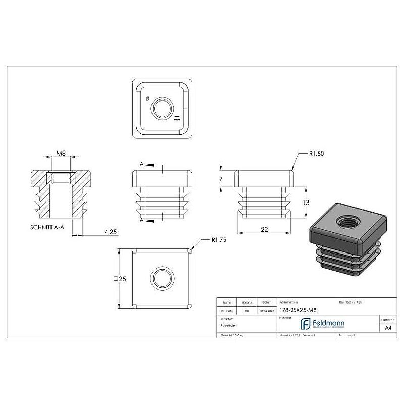 Kunststoffkappe für Quadratrohr 25x25mm