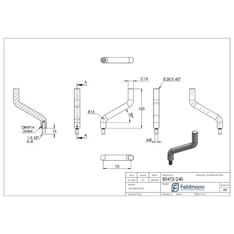 Bügel Ø 14mm, 2x 30° gebogen, V2A
