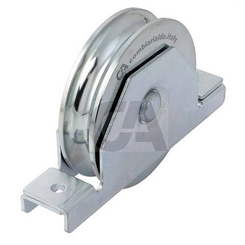 Sliding gate roller with round groove, Ø 90mm, for rail Ø 20mm, 2 ball bearings, galvanised