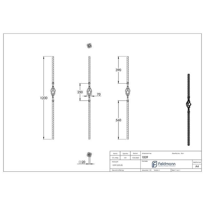 Anfangsstab 20x20mm, H: 1200mm