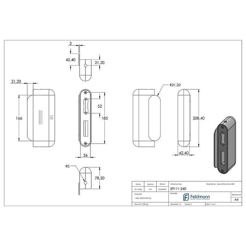 Edelstahlgegenkasten abgerundet für Abstand 72mm, für Schloss # 59103-240,78.2x42.4x208.4mm, V2A