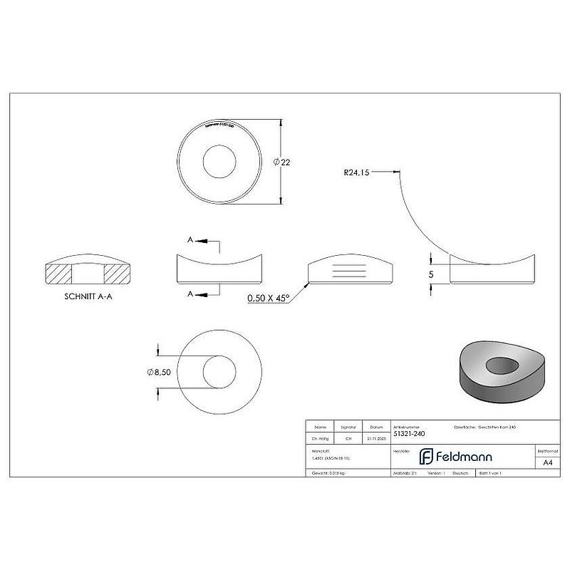 Ausgleichsstück (ohne Senkung) für Rohr 48,3mm, Ø 22mm, V2A