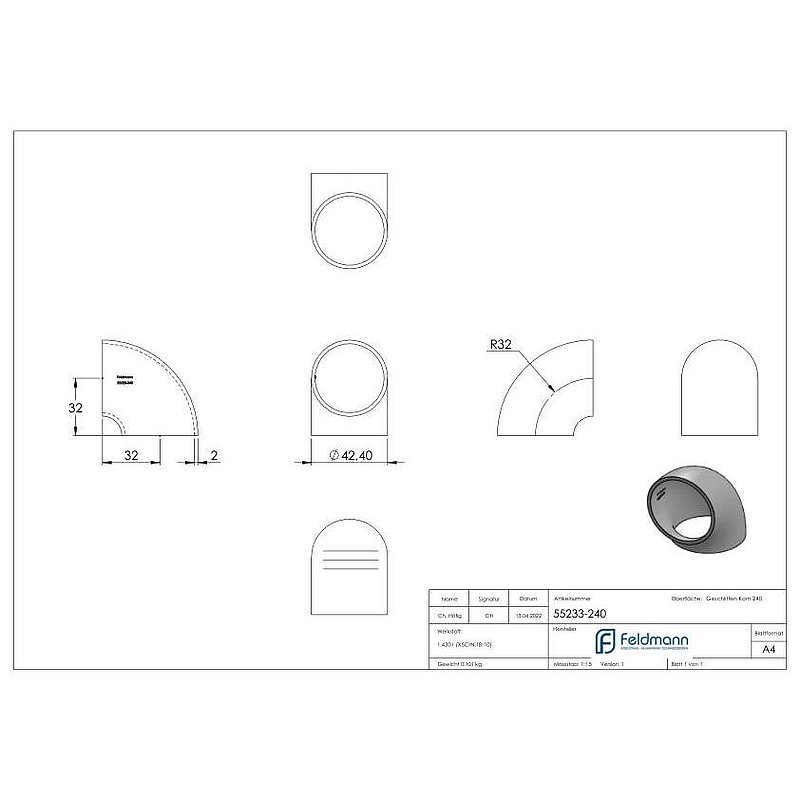 Schweißbogen 90°, 42,4x2,0mm, V2A