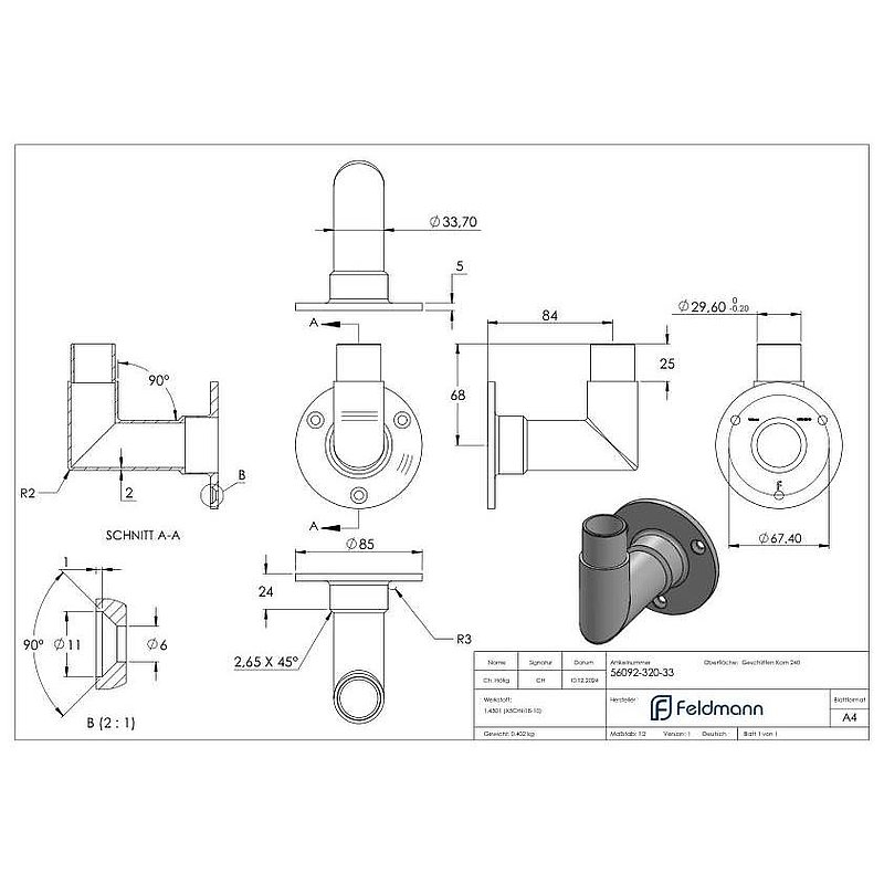 Wandhalter 90° für Rohr 33,7x2,0mm, V2A
