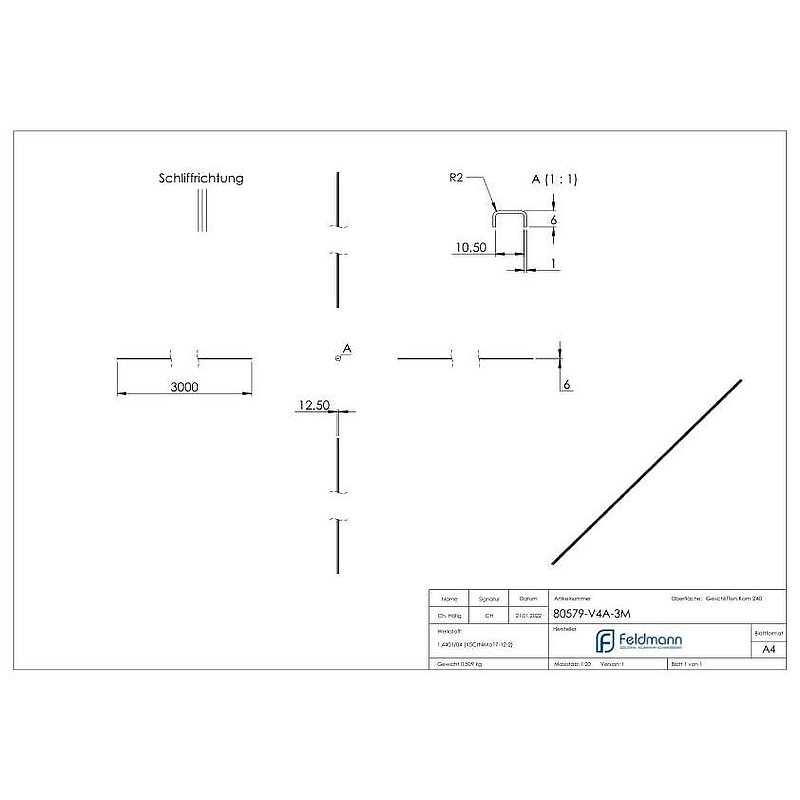 Main courante EXTRA SLIM, pour verre 8,00 - 9,52mm, L: 3000mm, acier inoxydable V4A