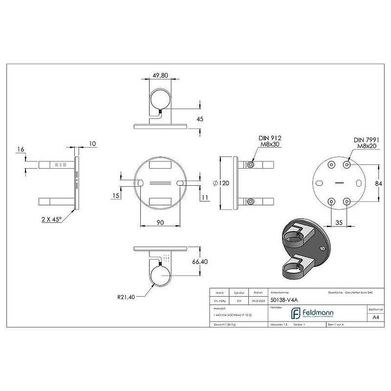 Fixation murale pour poteau de garde corps 42,4mm, V4A