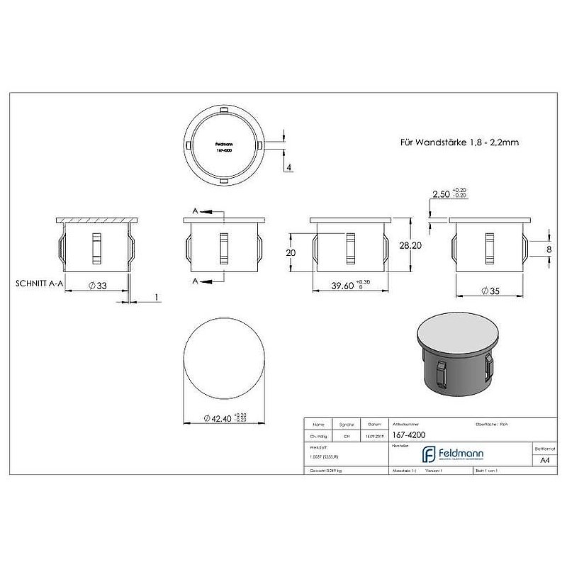 Stahleinschlagkappe, für Rohr 42,4mm