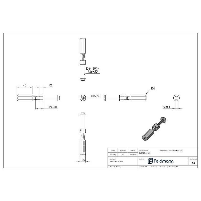 Embout fileté à monter soi-même, avec articulation, pour câble Ø 4mm, V2A