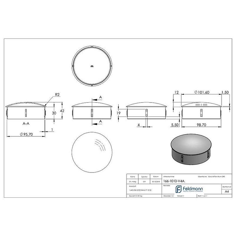 Rohrabschlussstopfen, für Rohr 101,6x2,0 - 2,5mm, V4A