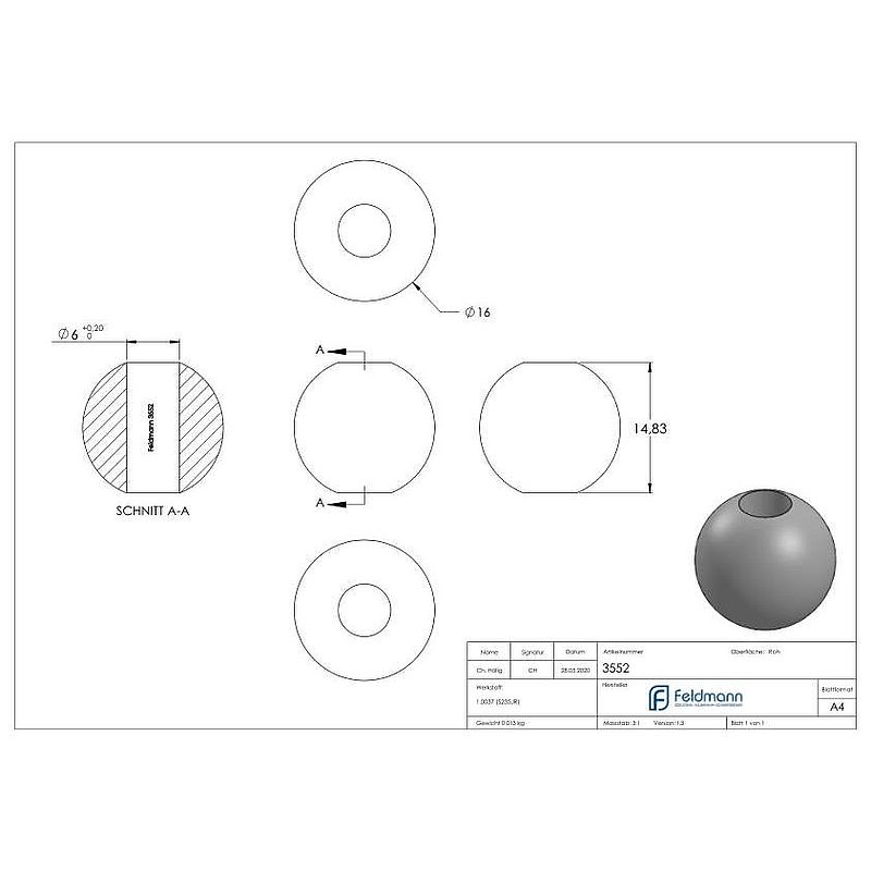 Solid ball 16mm, with through-hole 6.0mm