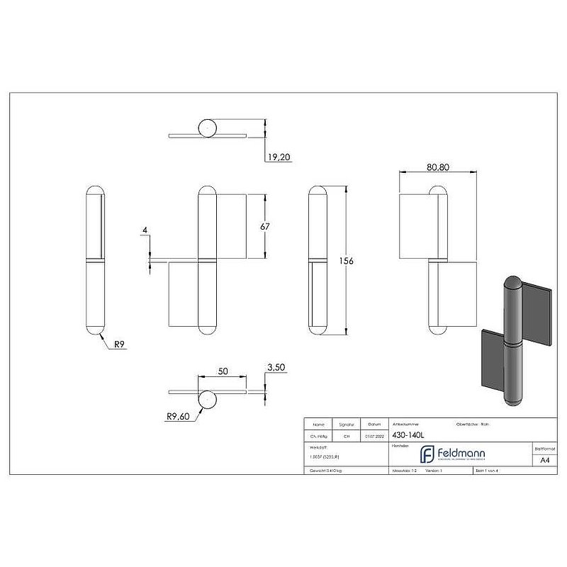 Weld-on hinge with fixed spigot, left-hand version