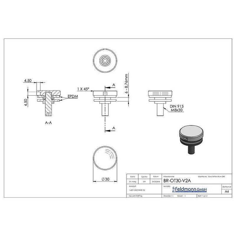 Glaspunkthalter Ø 30mm, passend zu Brenk-Halter, V2A