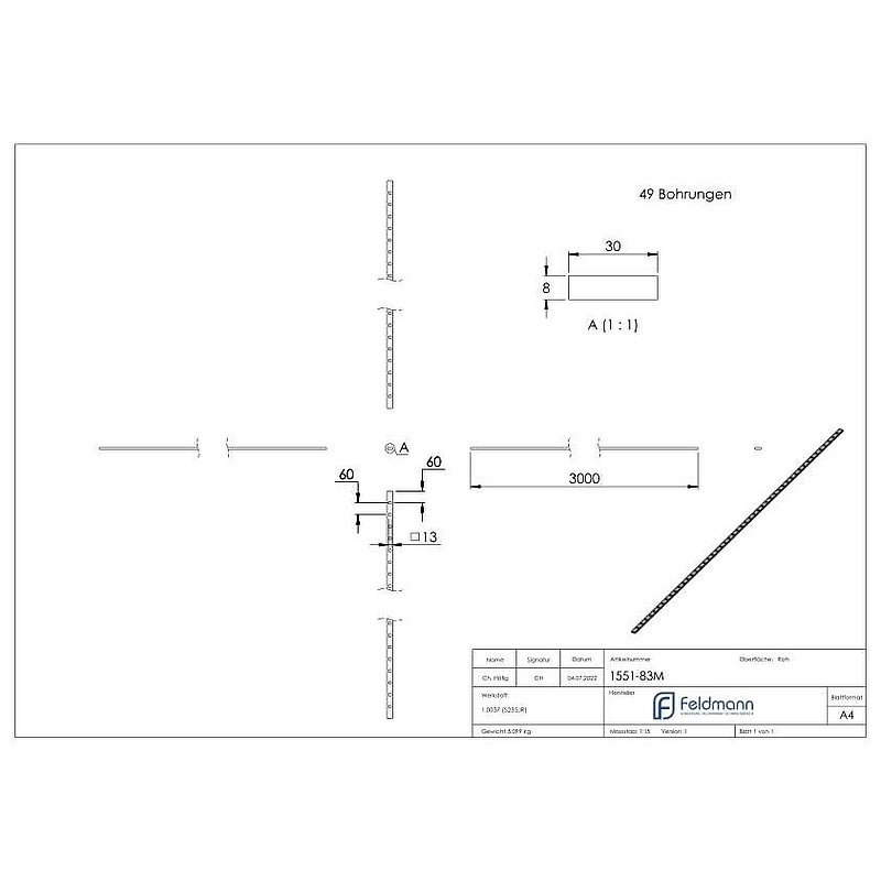 Barre à trous S235JR, 30x8mm, entraxe des trous 60mm, 3000mm