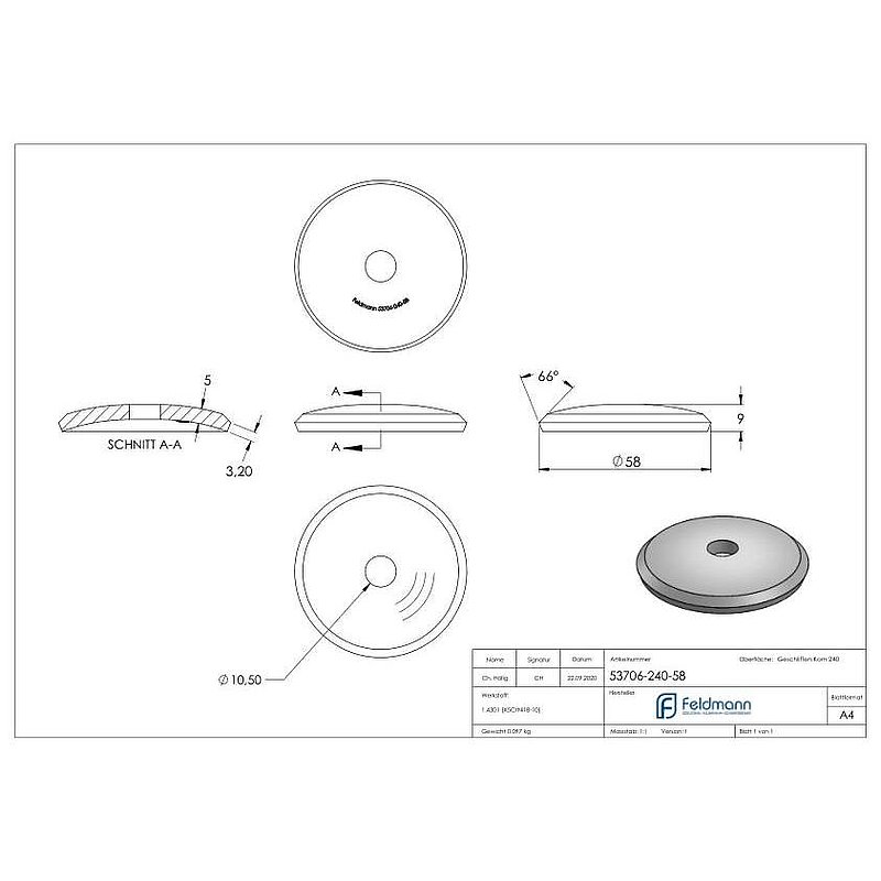 Embase ronde Ø 58x5mm, bombée, avec ponçage circulaire, V2A