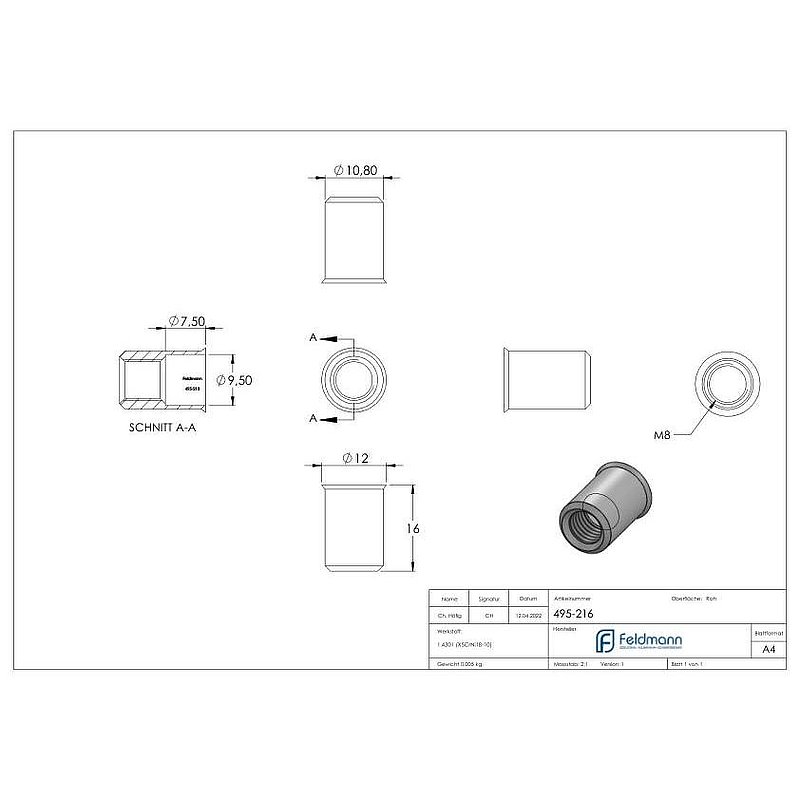 Blind-Einnietmutter, V2A M8/Loch 11mm, V2A