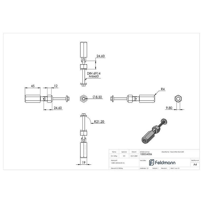 Gewindeterminal zur Selbstmontage, Seil 6mm, V2A