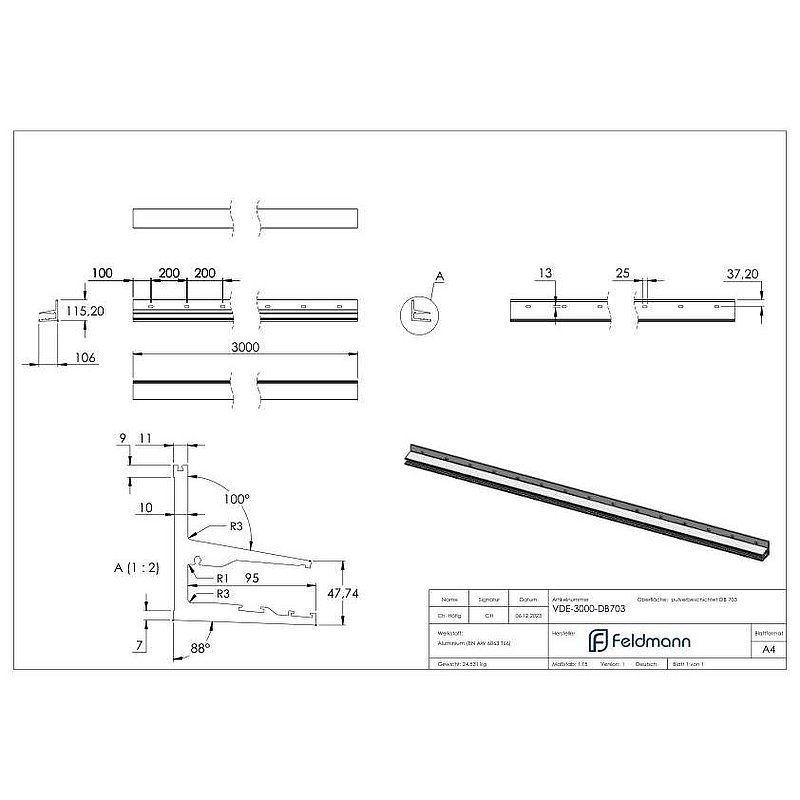 Eleganza canopy profile , L:3m, aluminum DB703