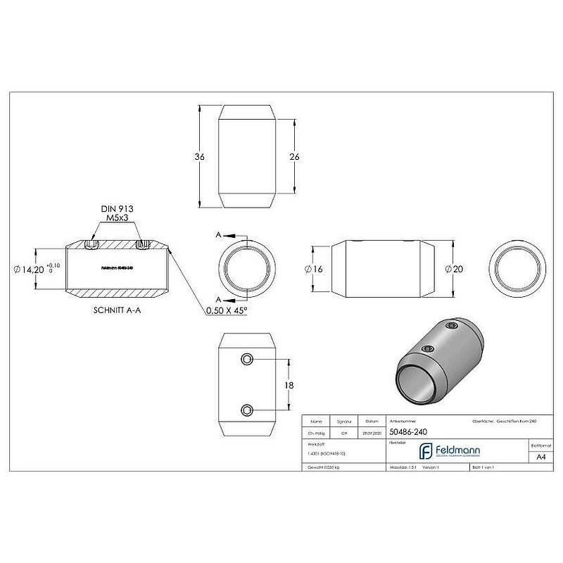 Stabverbinder für 14mm Rund, L: 36mm, Ø 20mm, V2A