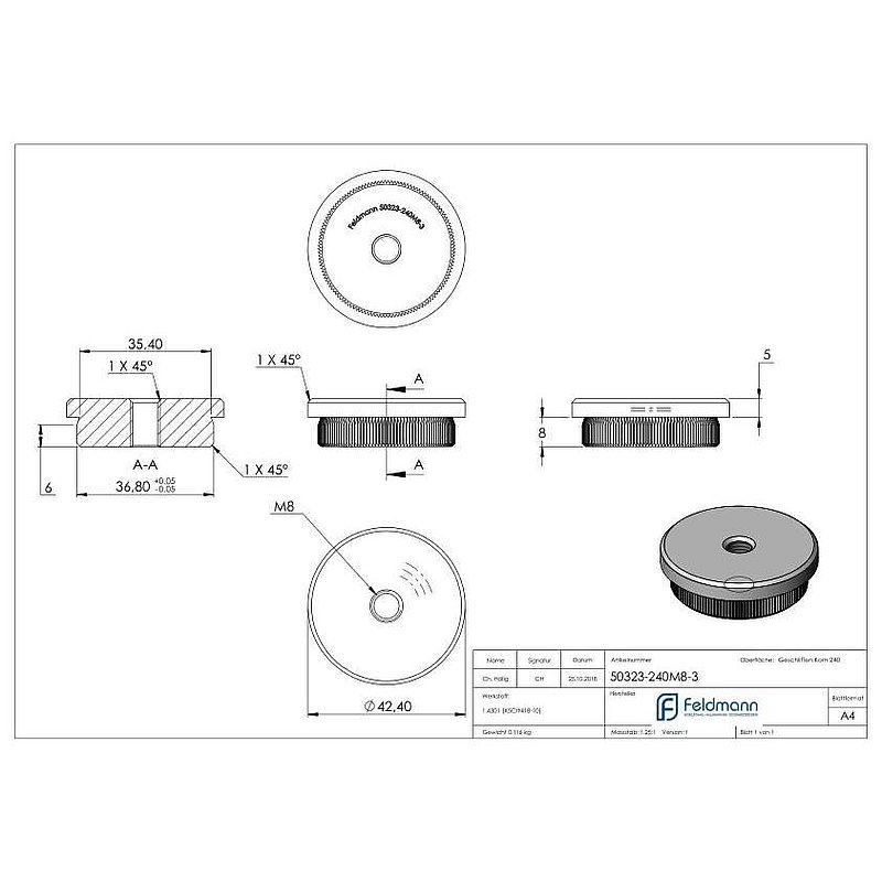 Rohrabschlussstopfen, für Rohr 42,4x3,0mm, V2A