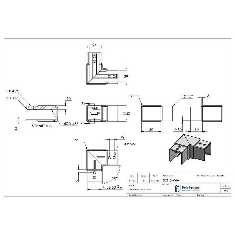 Eckbogen, horizontal, für Nutrohr 40x40mm, V4A
